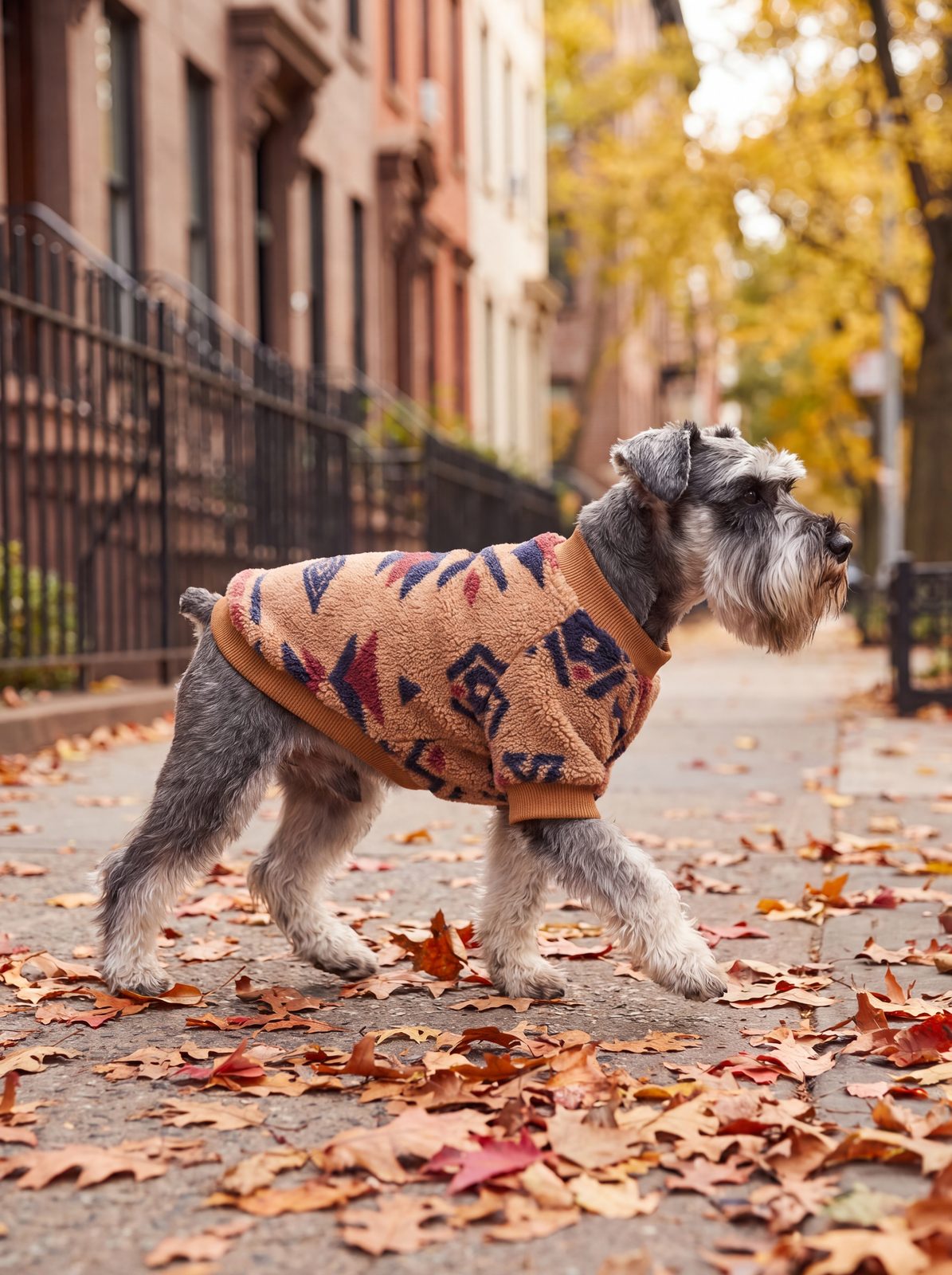 Petit chien qui trotte sur le trottoir avec un pull sherpa motif ethnique caramel