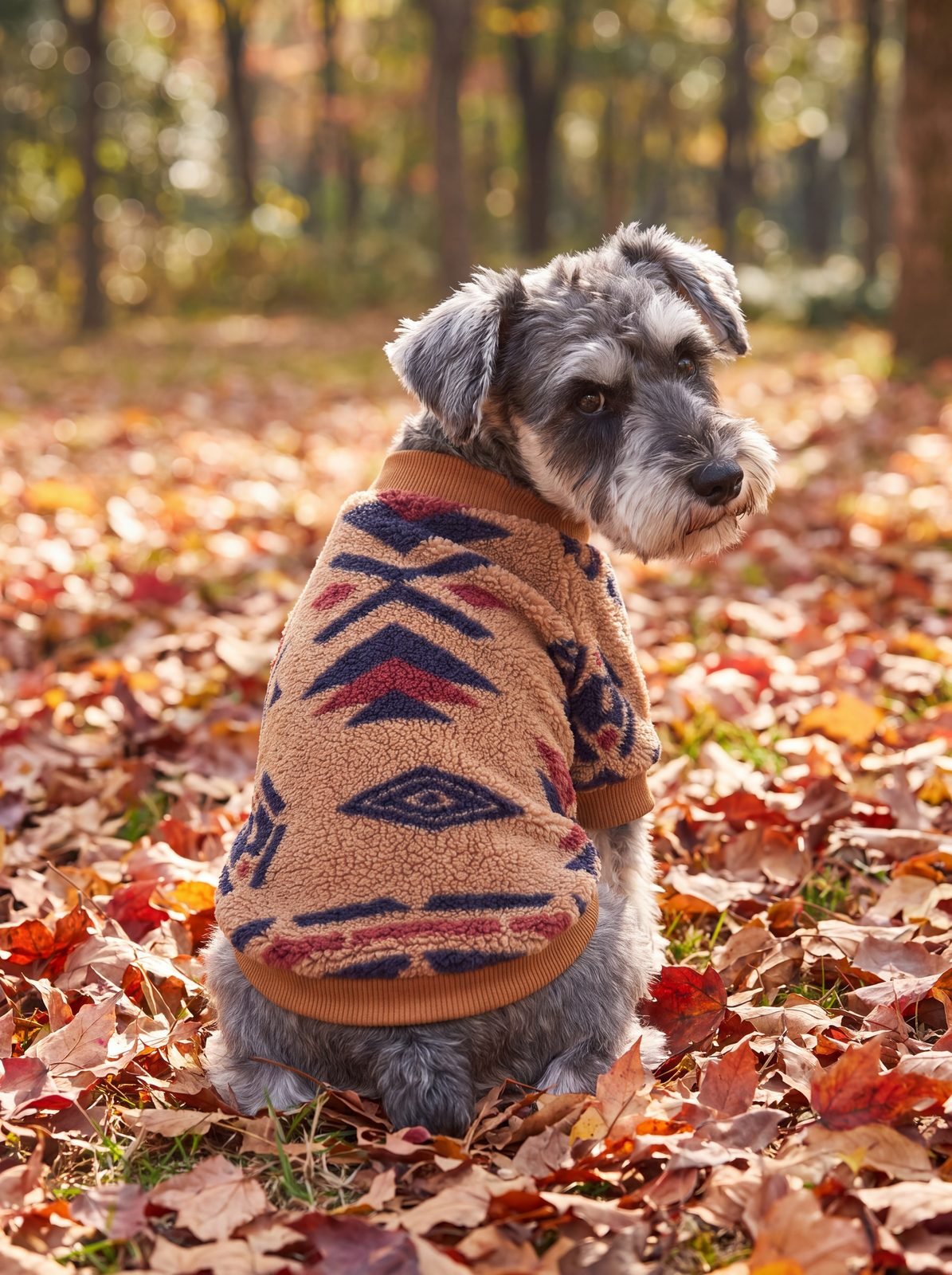 Pull chien sherpa motif ethnique caramel vu de dos dans les feuilles d'automne