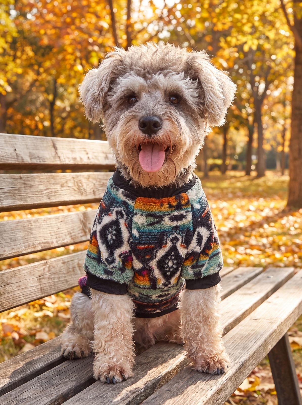 Petit chien assis sur un banc avec un pull sherpa motif ethnique multicolore
