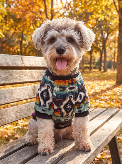 Petit chien assis sur un banc avec un pull sherpa motif ethnique multicolore