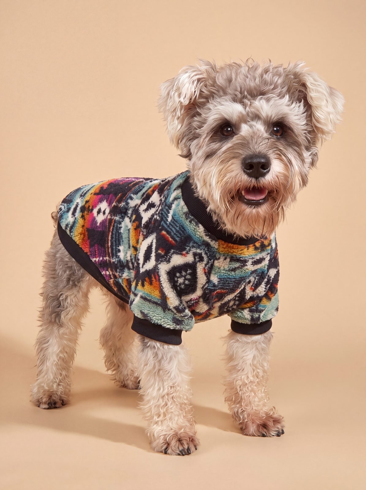 Petit chien en studio sur fond beige avec un pull sherpa motif ethnique multicolore