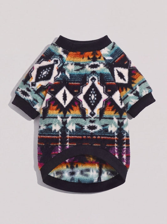 Pull chien sherpa motif ethnique multicolore vu à plat, bords-côtes noirs
