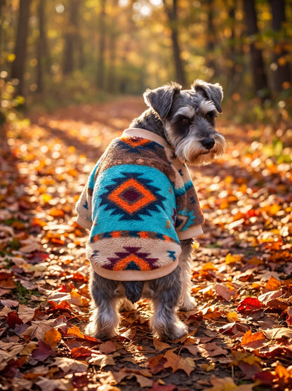 Pull chien sherpa motif ethnique turquoise vu de dos dans les feuilles d'automne