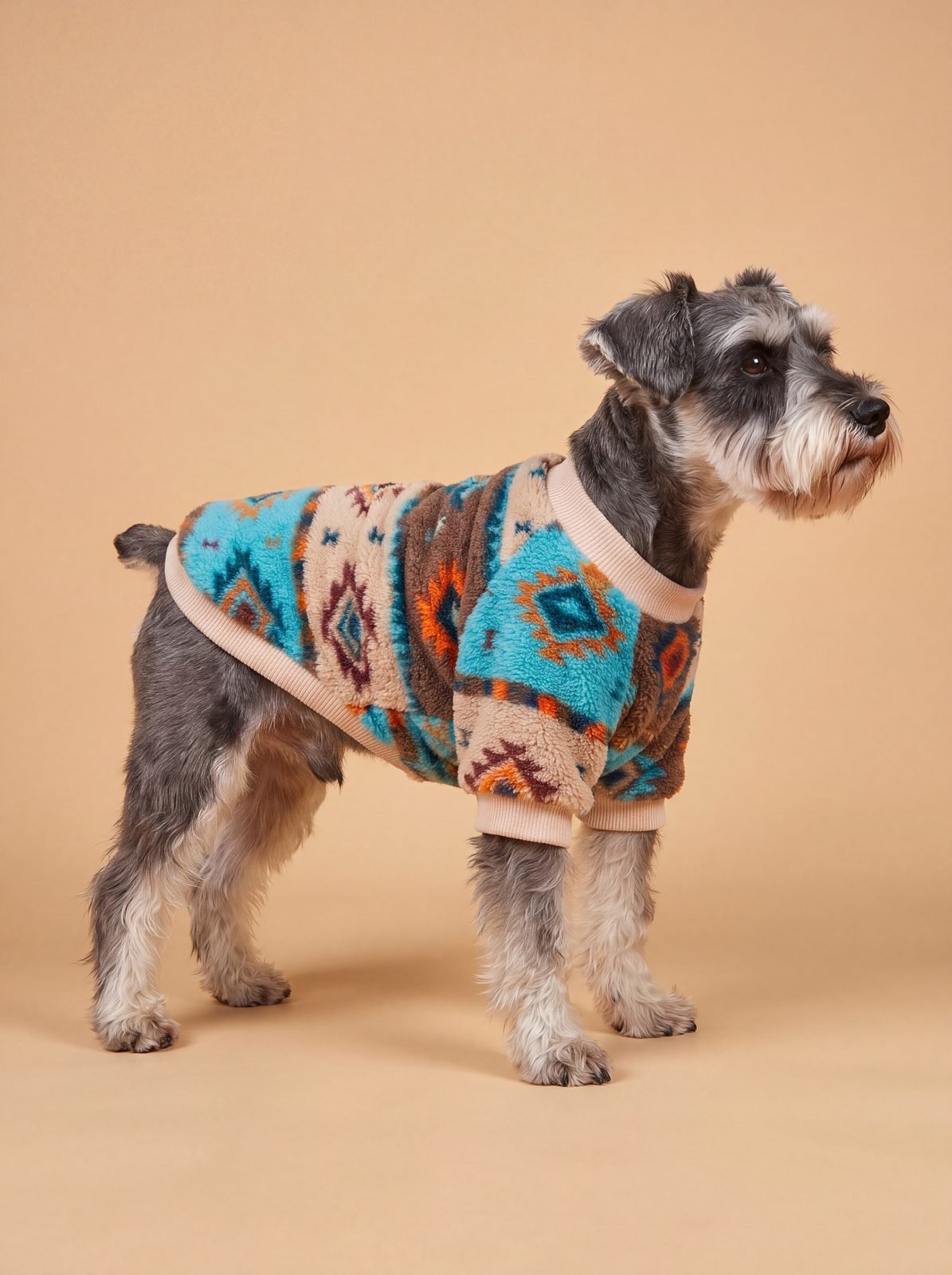 Petit chien en studio sur fond beige avec un pull sherpa motif ethnique turquoise