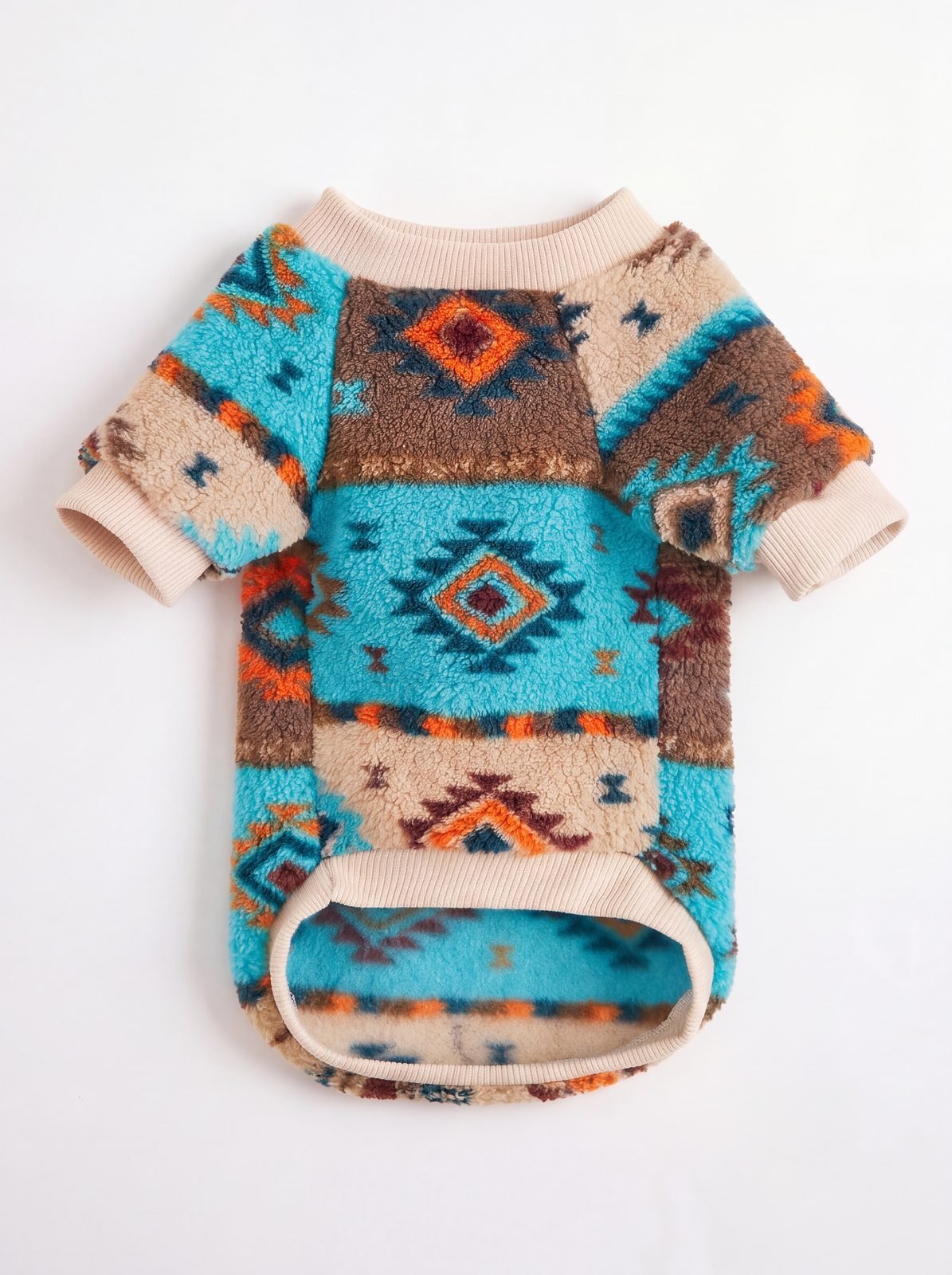 Pull chien sherpa motif ethnique turquoise vu à plat, bords-côtes beiges
