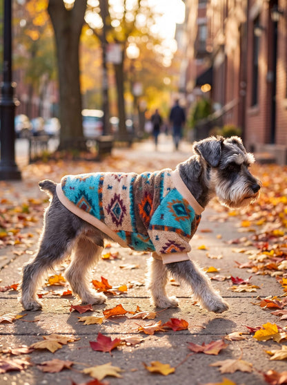 Petit chien qui trotte sur le trottoir avec un pull sherpa motif ethnique turquoise