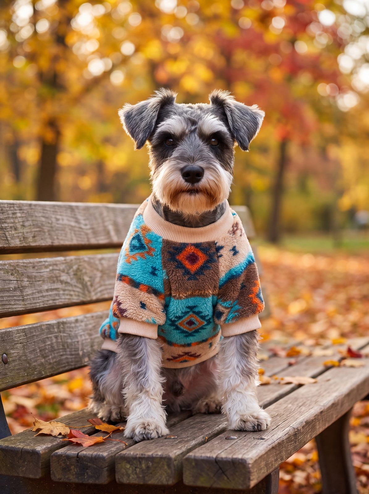 Petit chien assis sur un banc avec un pull sherpa motif ethnique turquoise