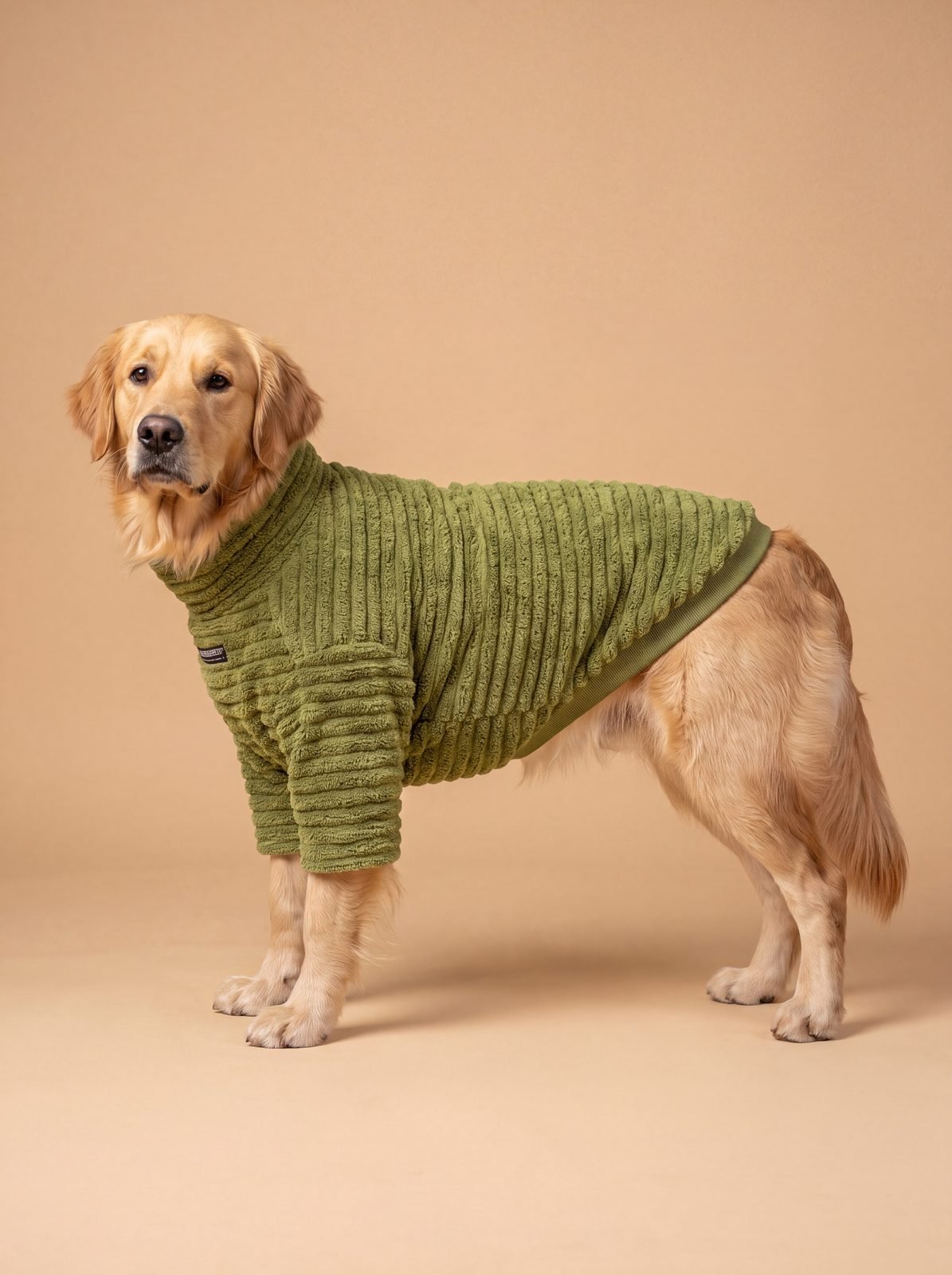 Golden retriever de profil sur fond beige avec un pull chien teddy côtelé vert