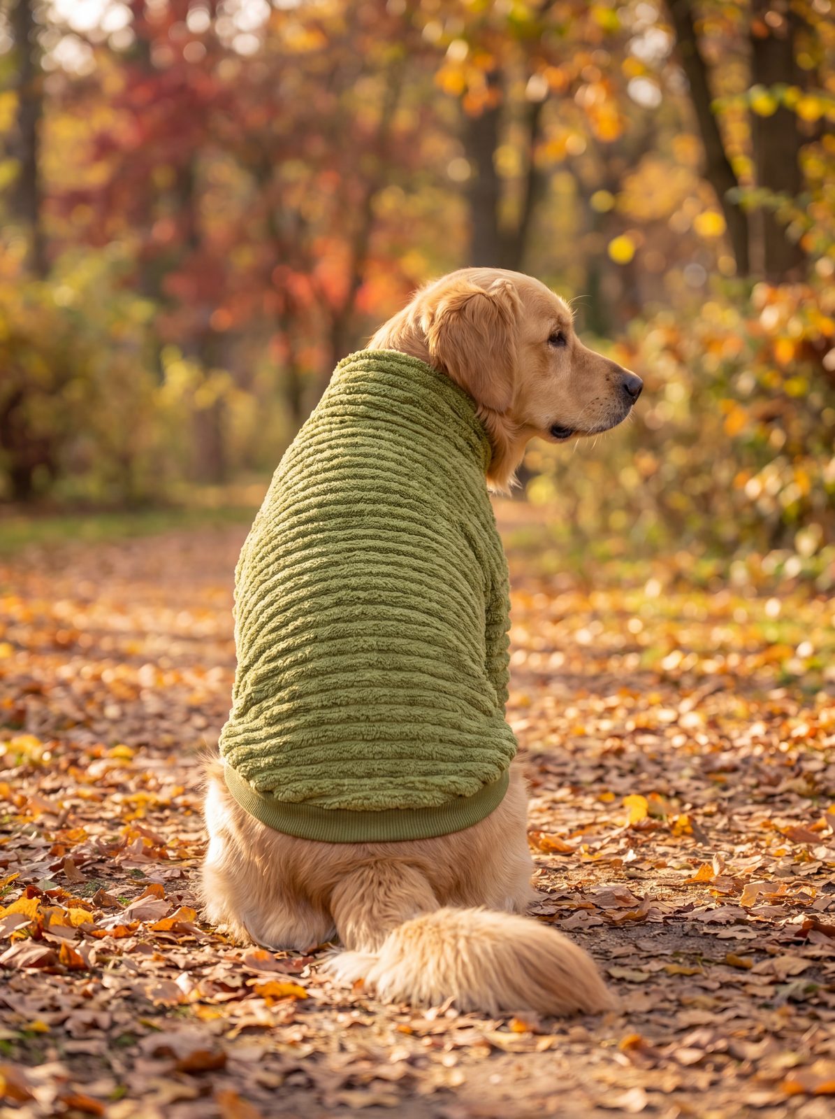 Golden retriever vu de dos avec un pull teddy côtelé vert et bord-côte élastique