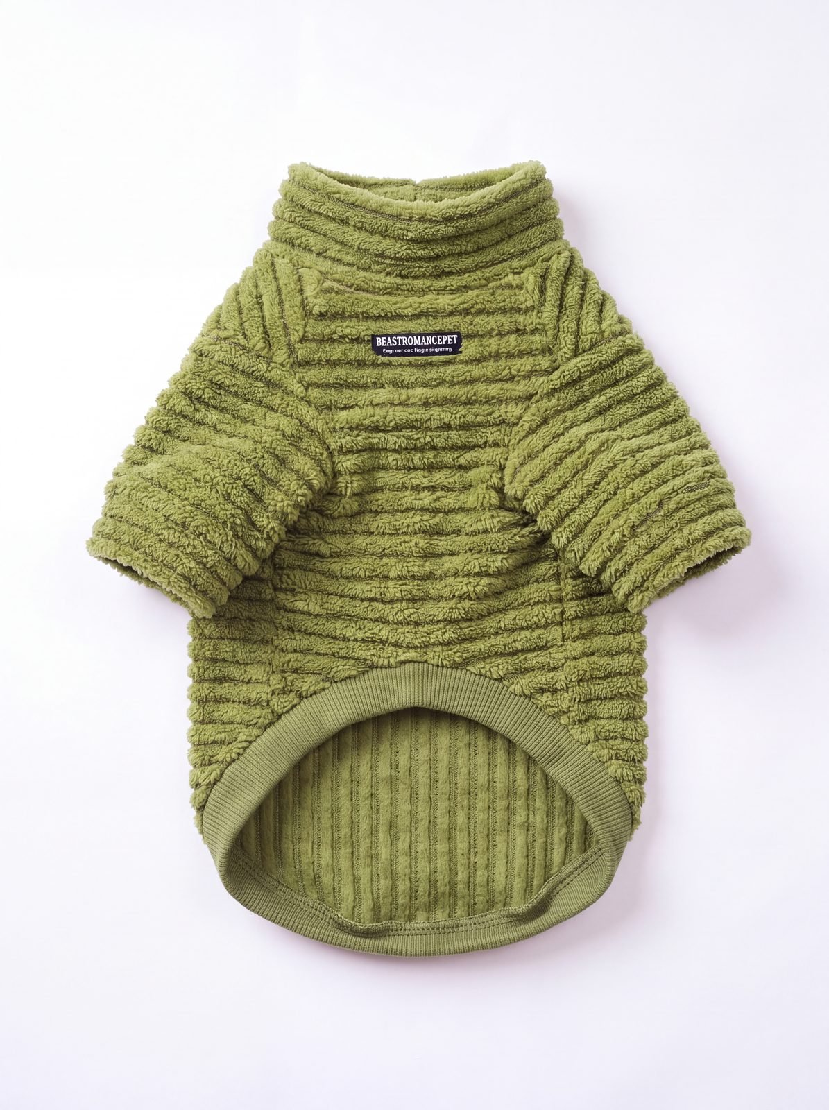 Pull teddy côtelé vert à plat, intérieur côtelé visible et bord-côte élastique