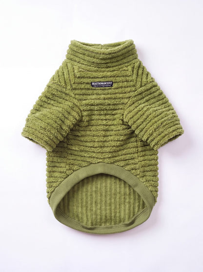 Pull teddy côtelé vert à plat, intérieur côtelé visible et bord-côte élastique
