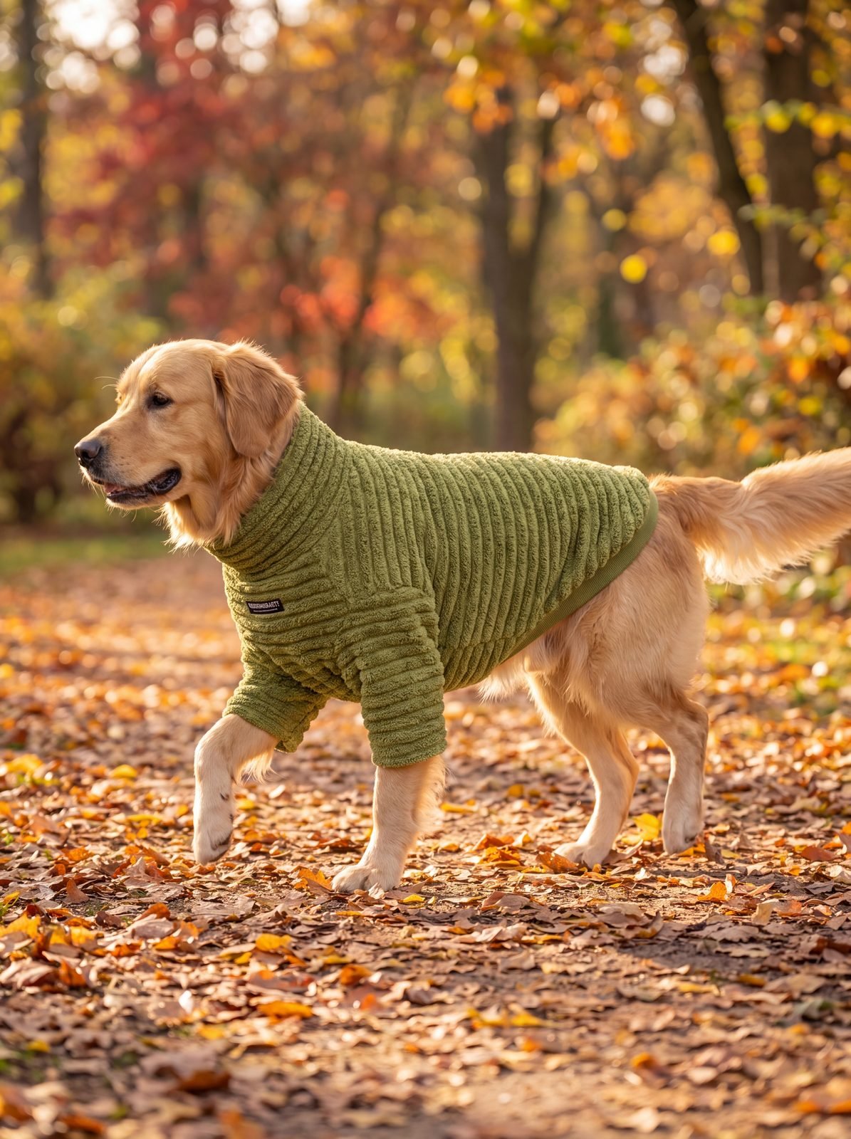 Golden retriever au trot de profil avec un pull teddy côtelé vert à col roulé