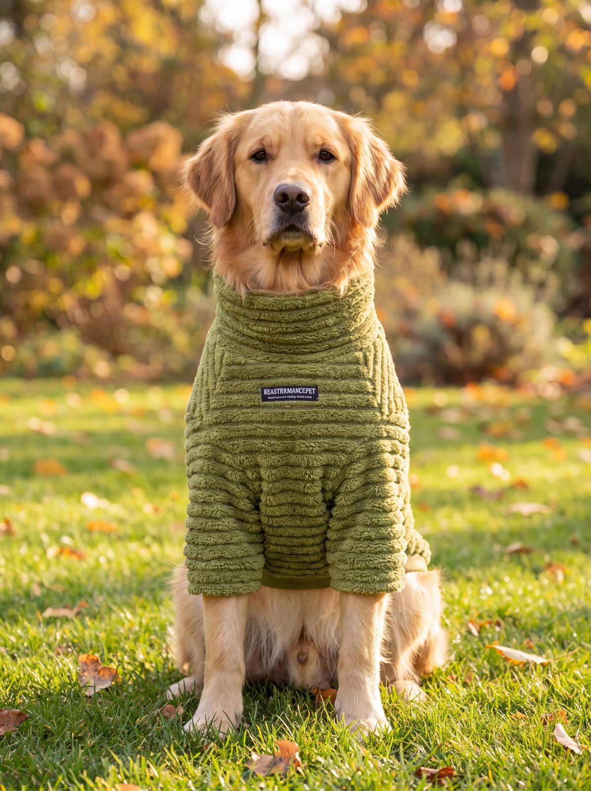 Golden retriever assis de face avec un pull teddy côtelé vert à col roulé