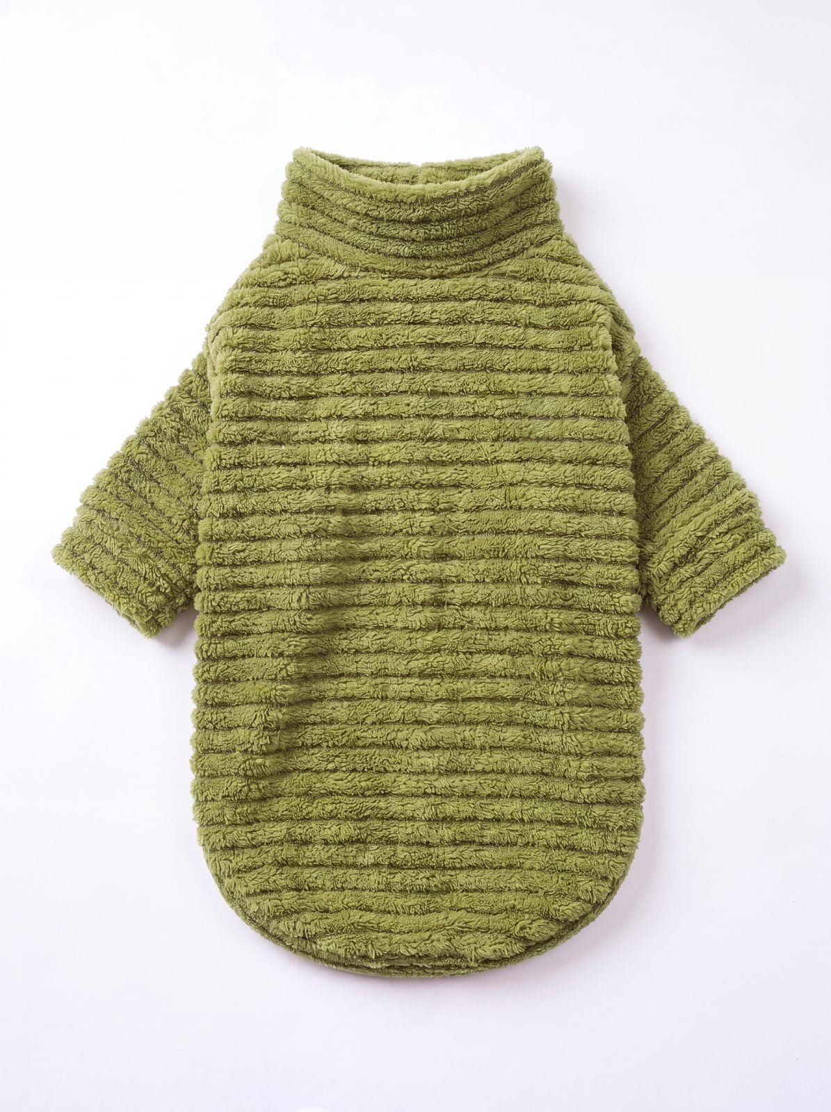 Pull chien teddy côtelé vert à col roulé vu à plat, de dos