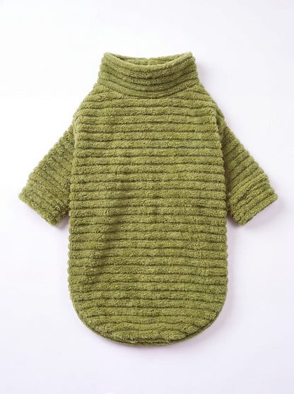 Pull chien teddy côtelé vert à col roulé vu à plat, de dos