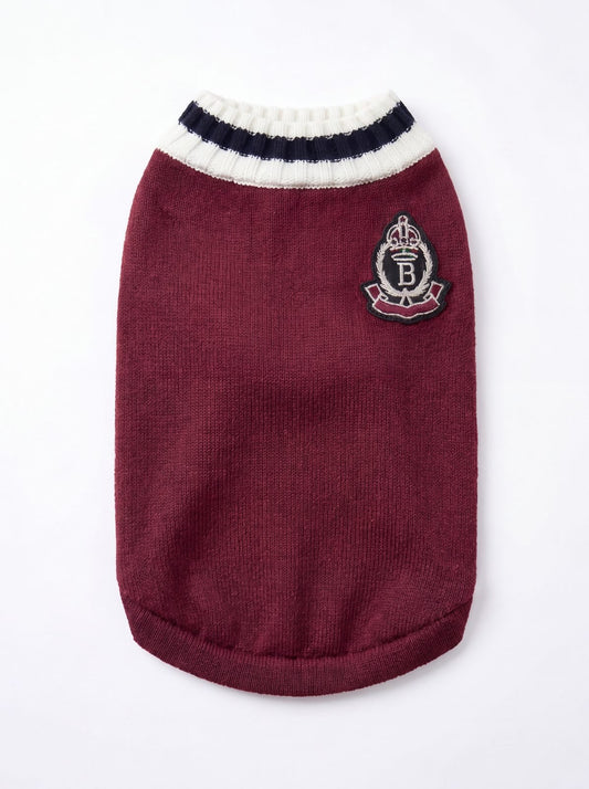 Pull chien tricot style universitaire bordeaux avec col rayé crème et bleu marine sur fond blanc