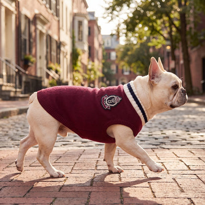 Bouledogue français au trot de profil dans un pull chien tricot bordeaux