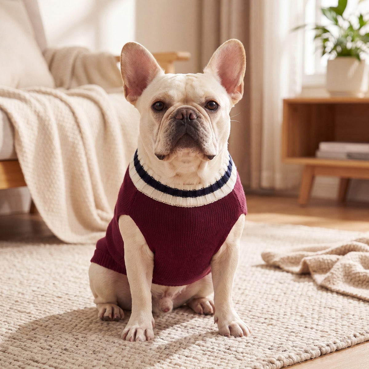 Bouledogue français assis face caméra sur un tapis dans un pull chien tricot bordeaux