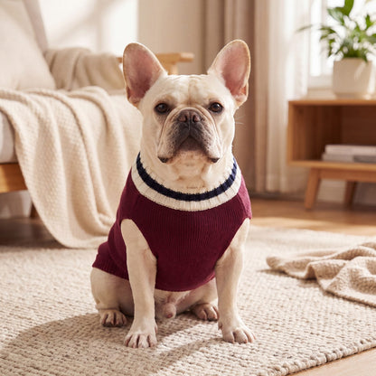 Bouledogue français assis face caméra sur un tapis dans un pull chien tricot bordeaux