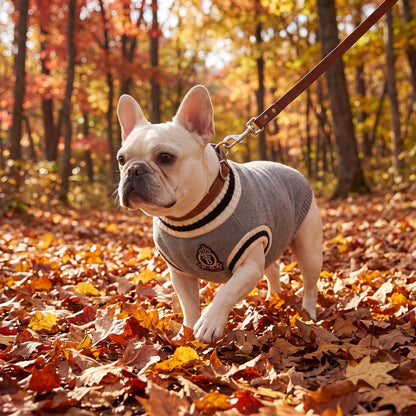 Bouledogue français en balade en laisse dans les feuilles d'automne, avec un pull chien tricot gris