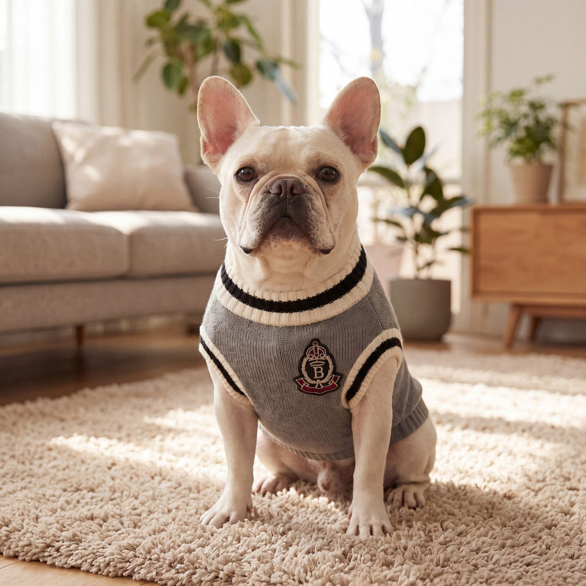 Bouledogue français assis face caméra sur un tapis dans un pull chien tricot gris