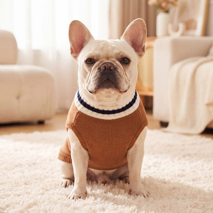 Bouledogue français assis de face sur un tapis, portant un pull chien tricot marron avec col rayé crème et bleu marine