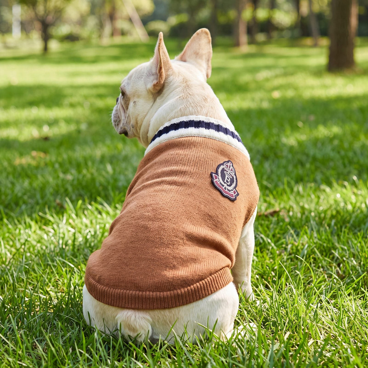 Bouledogue français vu de dos avec un pull chien marron orné d'un écusson brodé en haut du dos