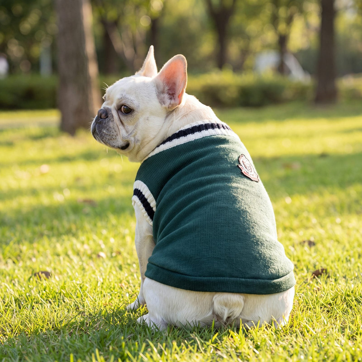 Bouledogue français vu de dos portant le pull chien tricot style universitaire vert sur l'herbe