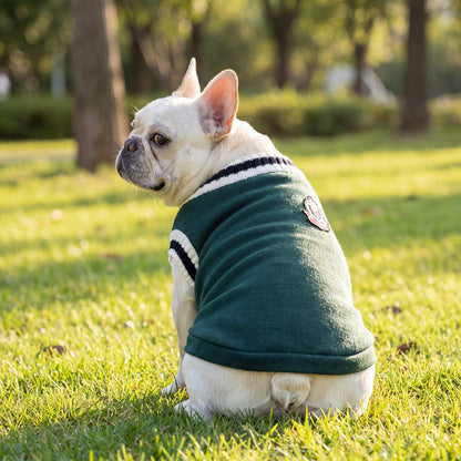 Bouledogue français vu de dos portant le pull chien tricot style universitaire vert sur l'herbe