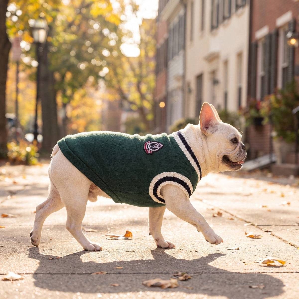 Bouledogue français au trot de profil dans la rue avec le pull chien tricot style universitaire vert
