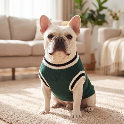 Bouledogue français assis de face sur un tapis avec le pull chien tricot style universitaire vert