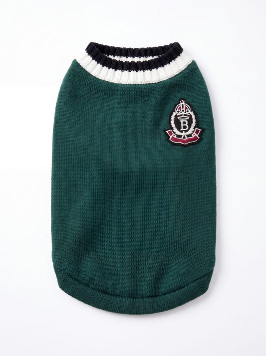 Pull chien tricot style universitaire vert avec écusson brodé et col rayé, photo sur fond blanc