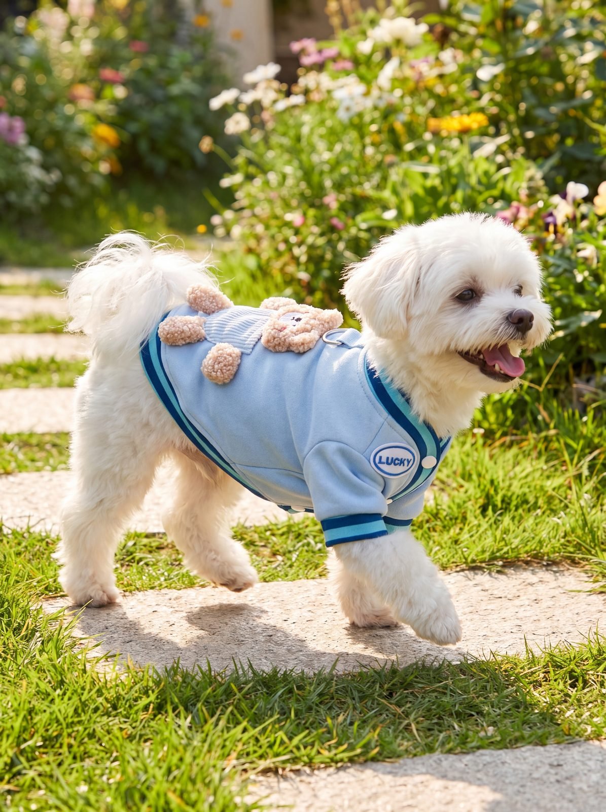 Bichon maltais qui trotte dans le parc avec le pull petit chien bleu et son ourson