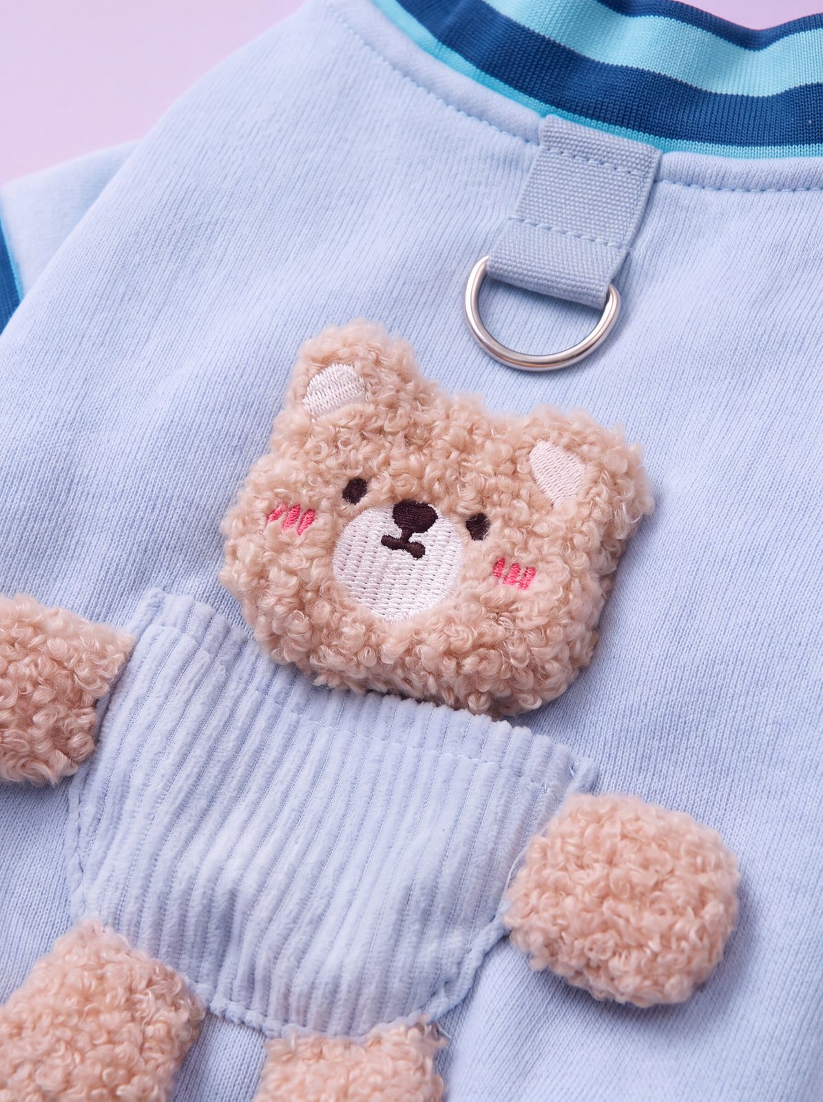 Macro de l'ourson en peluche 3D du pull petit chien bleu et de son anneau