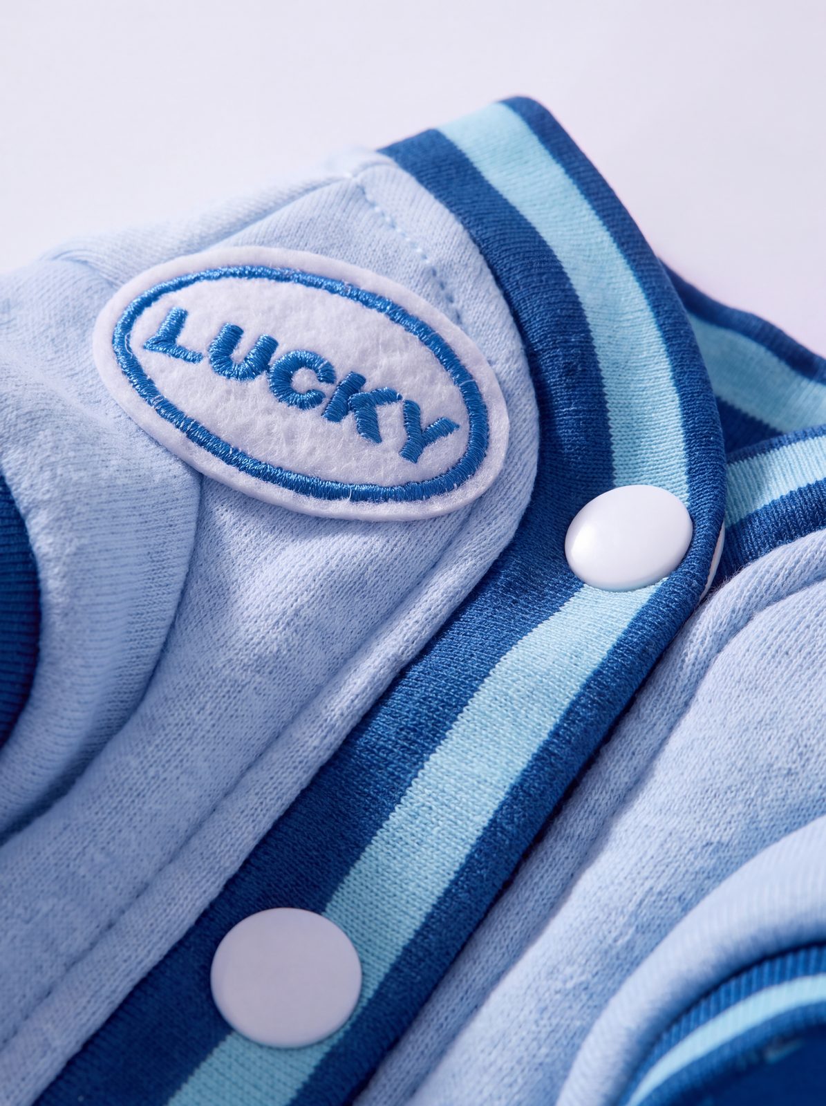 Macro de l'écusson LUCKY et des boutons-pression du pull petit chien bleu