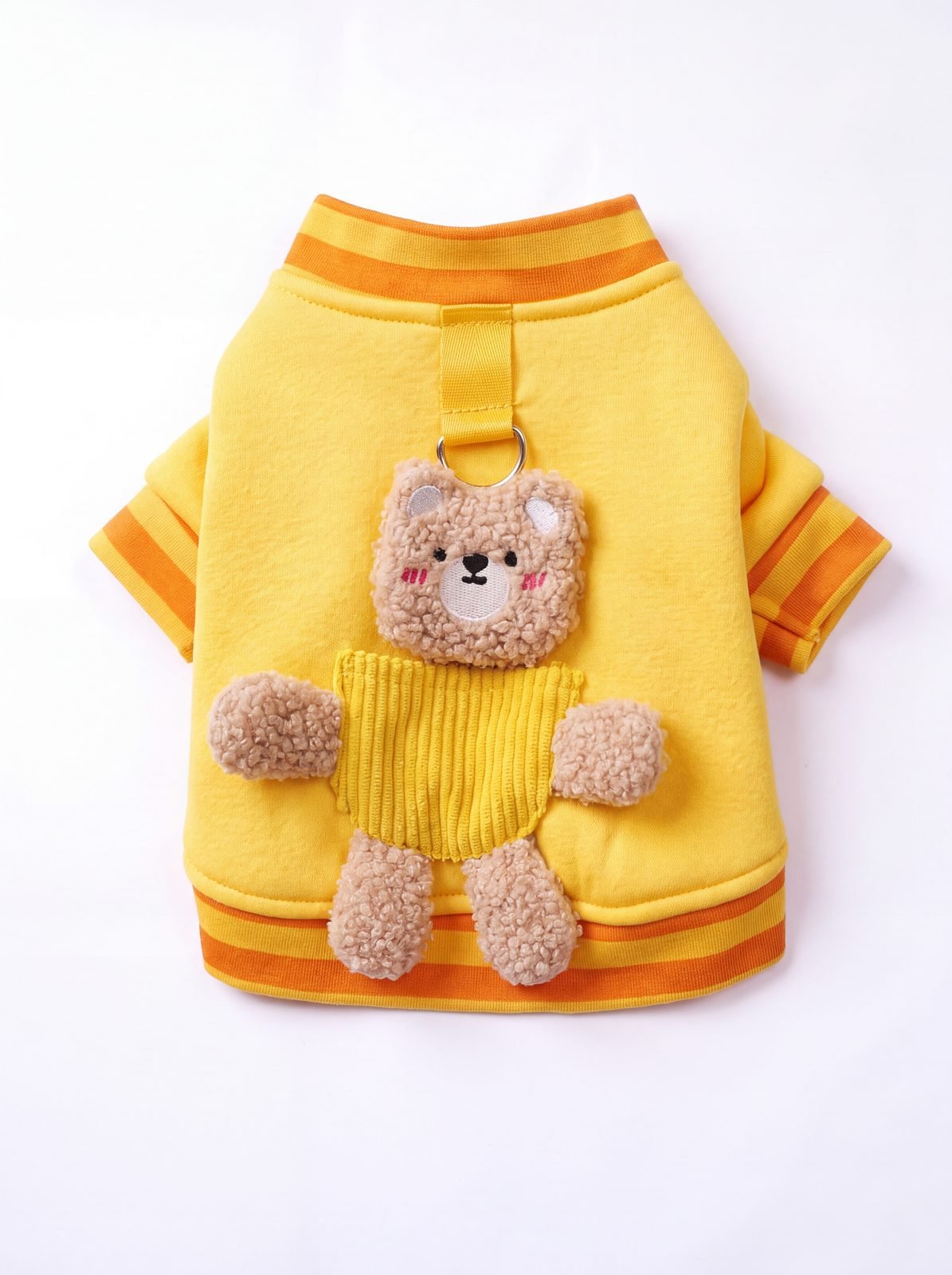 Pull petit chien ourson 3D jaune vu de dos, ourson en peluche accroché à l'anneau