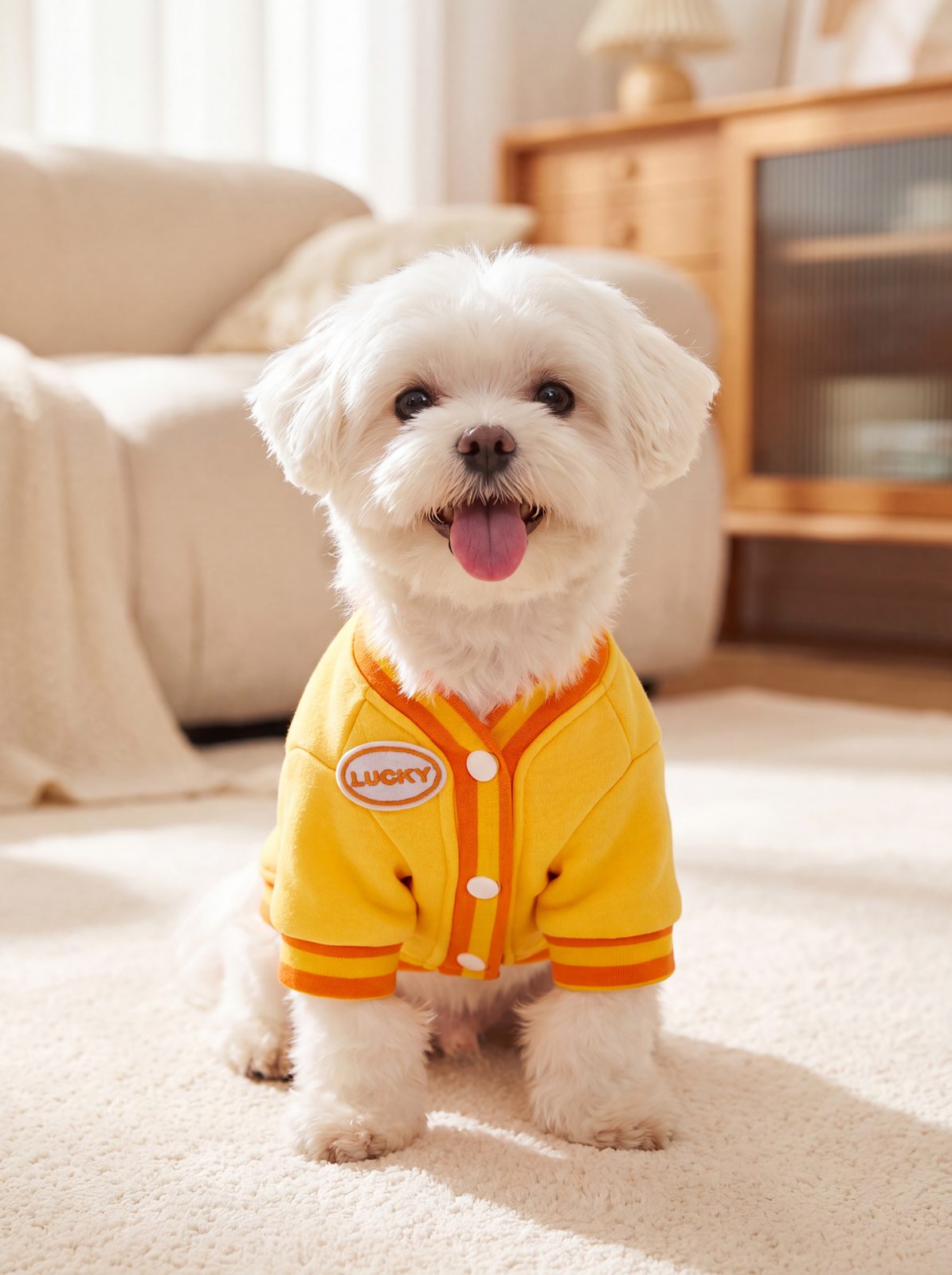 Bichon maltais assis portant le pull petit chien ourson 3D jaune, vu de face