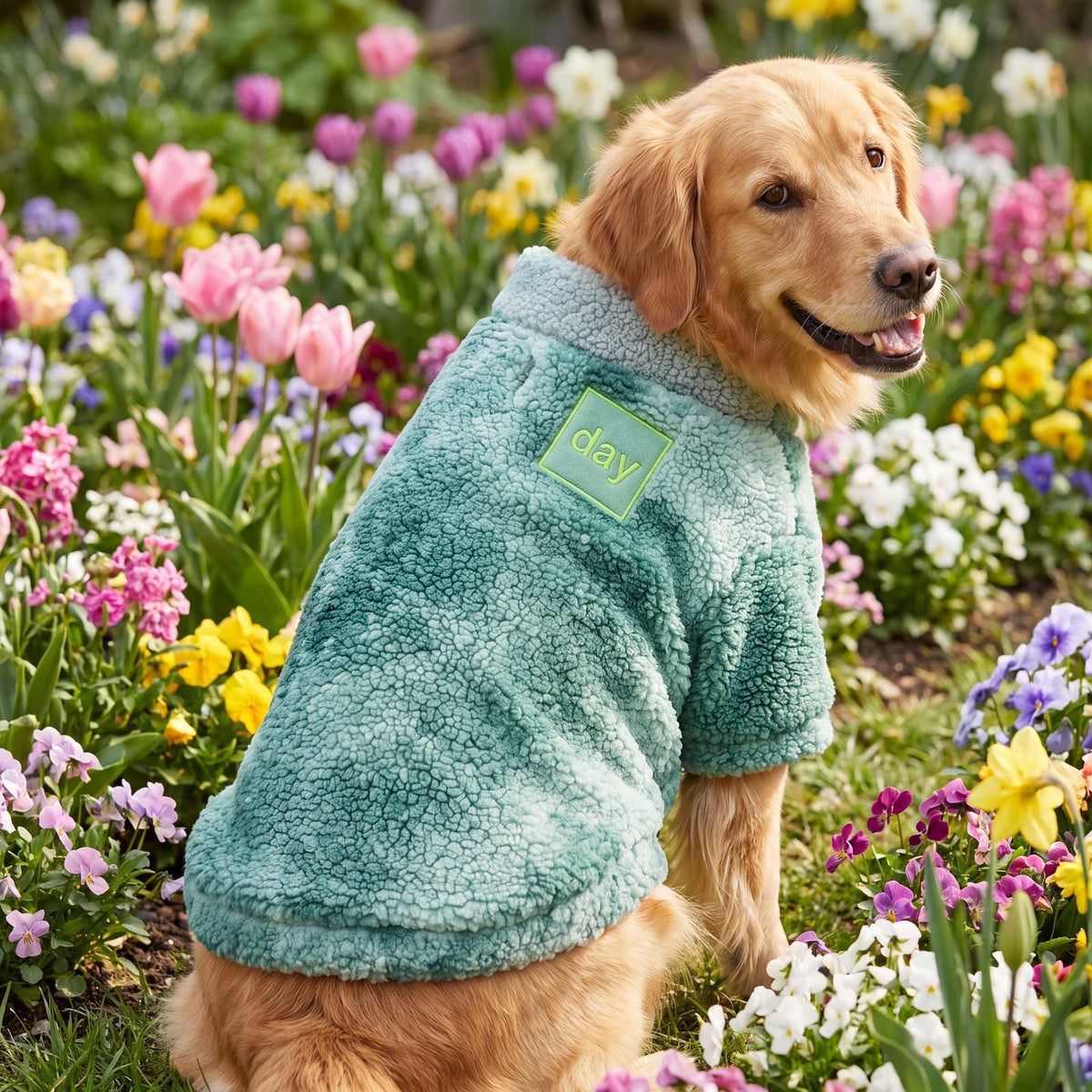 Golden retriever sous les cerisiers en fleurs avec un pull polaire teddy vert vu de dos