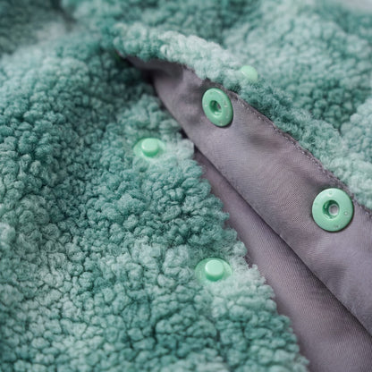 Chien sur une pelouse avec un pull teddy vert et zoom sur le tissu polaire bouclé