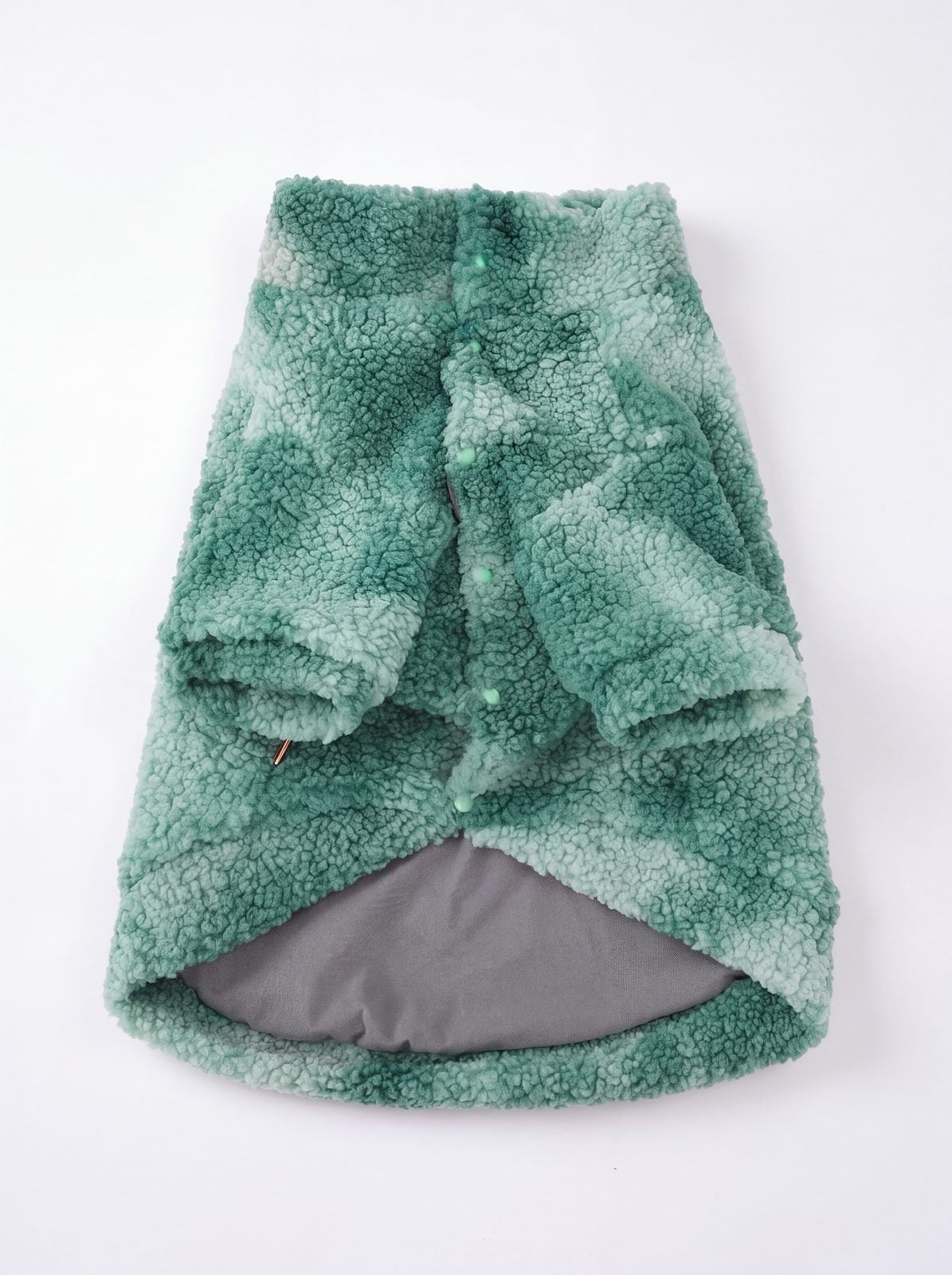 Pull polaire teddy vert pour grand chien ouvert, boutons pression et doublure grise visibles