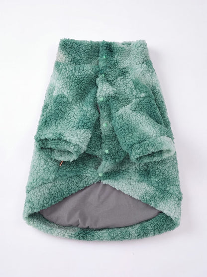 Pull polaire teddy vert pour grand chien ouvert, boutons pression et doublure grise visibles