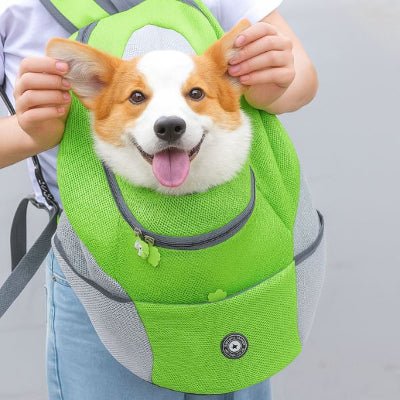 Sac à dos chien vert avec ouverture frontale et Corgi souriant – BuddyGo