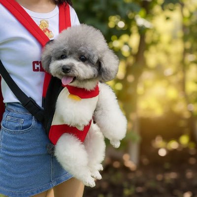 sac a dos chien rouge porte ventral avec petit caniche gris adorable en promenade jardin explorerpro