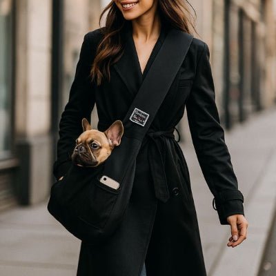 femme élégante en manteau noir avec un bouledogue français dans un sac a dos chien noir – SnugCarry