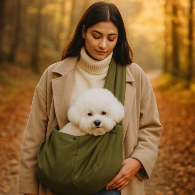 femme dans une forêt d’automne portant un sac a dos chien vert foncé avec un bichon blanc – SnugCarry