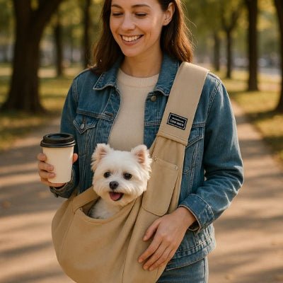 femme souriante tenant un café avec son chien blanc dans un sac a dos chien beige en promenade – SnugCarry