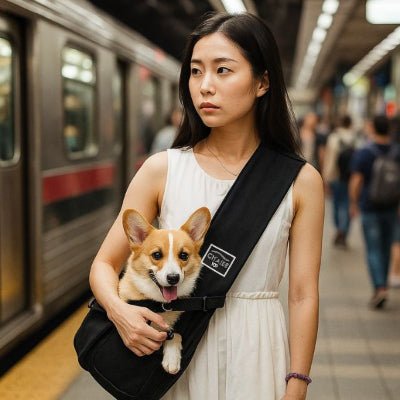 femme asiatique dans le métro tenant un sac a dos chien noir avec un corgi curieux – SnugCarry