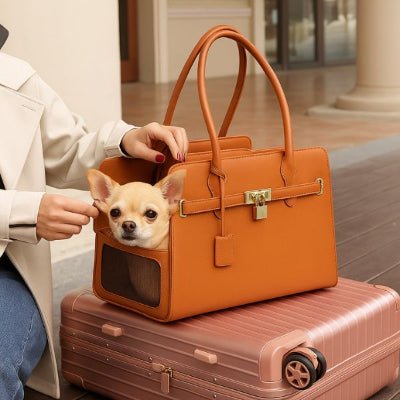 sac de transport pour chien marron avec petit chien assis Chic Voyager™