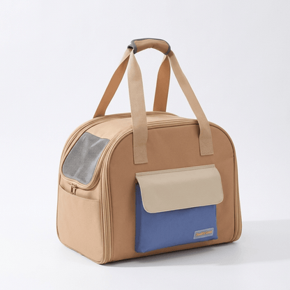 sac de transport pour chien convertible en tente FluffyBaby coloris beige presentation produit sur fond blanc