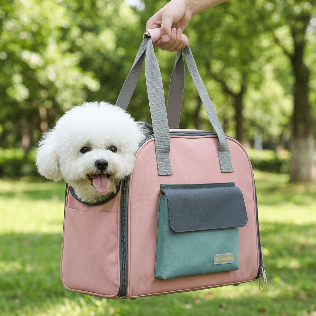 sac de transport pour chien convertible en tente FluffyBaby rose porte a la main bichon frise museau sorti par l'ouverture